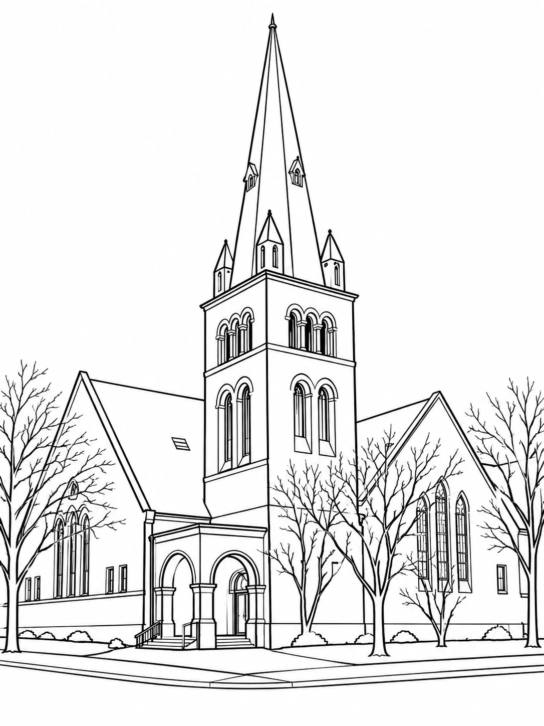 Line drawing of 217 Mackubin: a stone church with a tall spire, arched bell-tower windows and an arched entry porch on a tree-lined corner